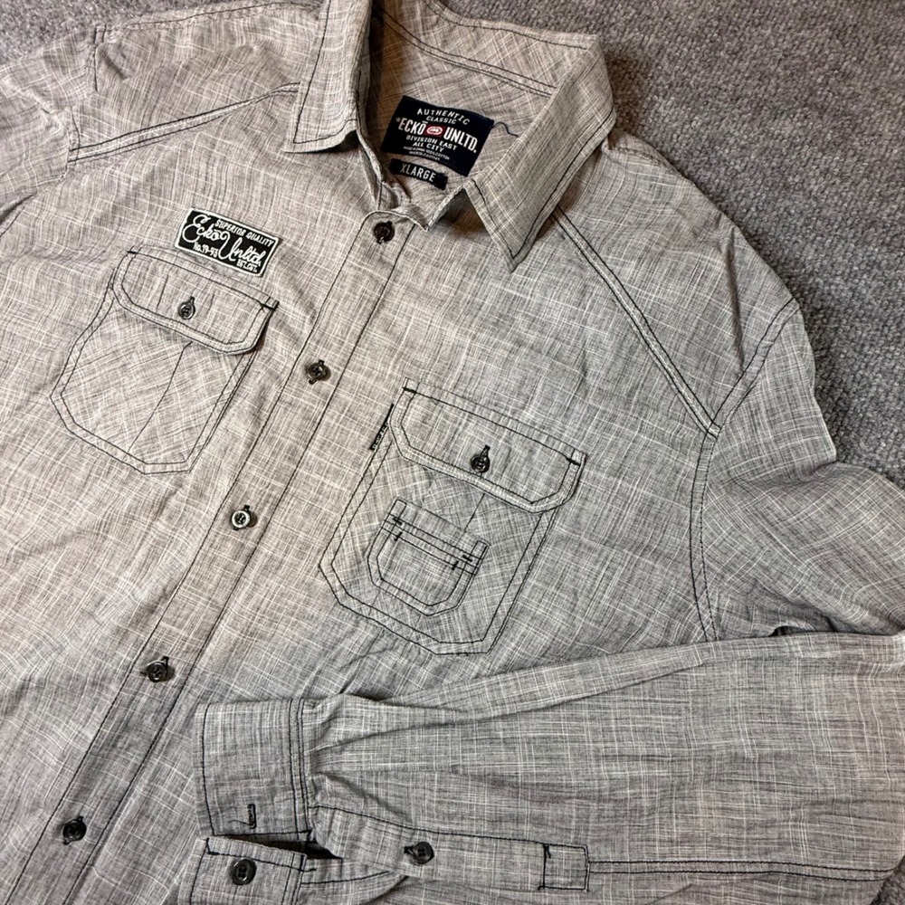 Ecko Unltd Mens XL Grey Crosshatch Long Sleeve Button Down Utility Shirt Logo